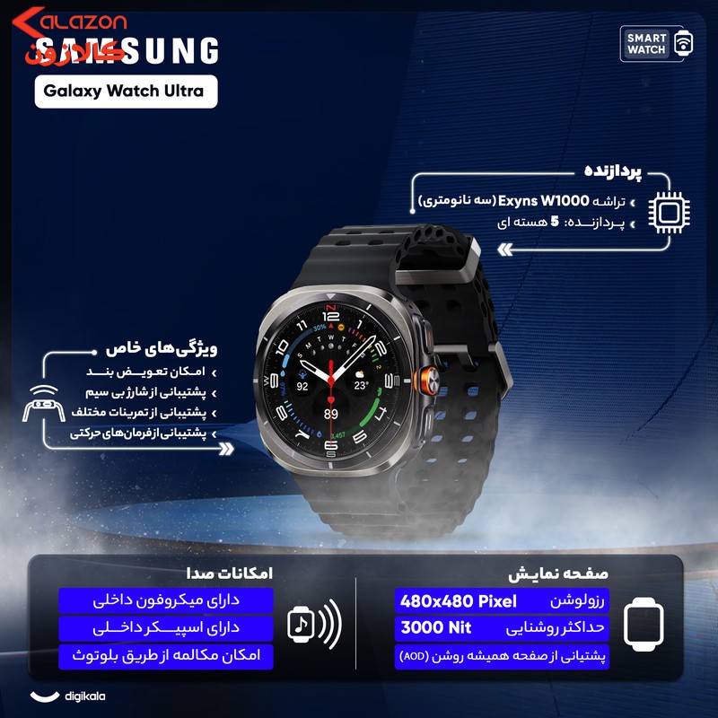 ساعت هوشمند سامسونگ مدل Galaxy Watch Ultra دارای قابلیت های کنترل موسیقی (Music Player)، قابلیت مکالمه از طریق بلوتوث، قابلیت تغییر طرح ساعت یا تم، صفحه همیشه روشن (Always-on Display)، پشتیبانی از دستیار صوتی بند سیلیکون