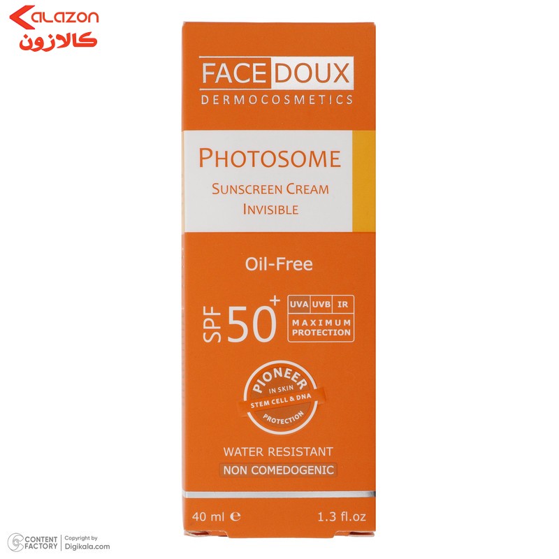 کرم ضد آفتاب بدون رنگ فیس دوکس SPF 50 مدل فوتوزوم محافظ اشعه UVA و UVB، ضد آب ‌مناسب پوست‌ چرب حجم 40 میلی‌لیتر