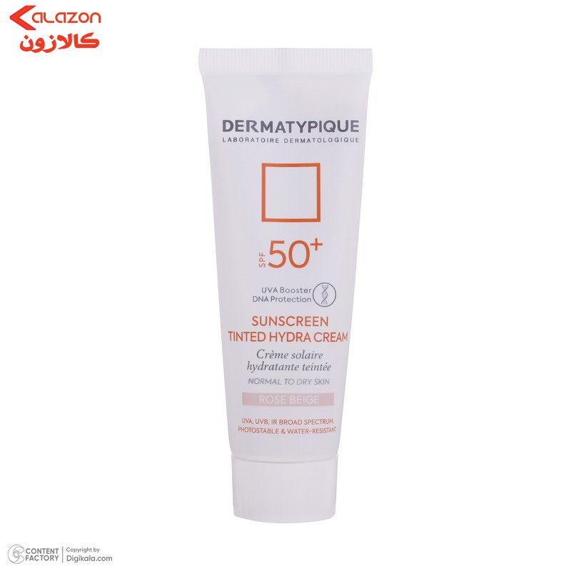 کرم ضد آفتاب رنگی درماتیپیک، 50 SPF، مدل هیدرا، مناسب پوست نرمال تا خشک تنالیته رنگ روشن و حجم 50 میلی‌لیتر، محافظت کننده در برابر اشعه UVA، UVB، IR، ضد آب، ضد خطوط ریز و پیری پوست، مرطوب کننده، التیام‌بخش، با ماندگاری 2 ساعته