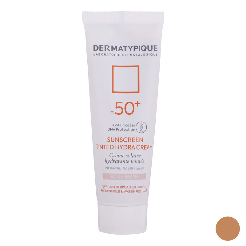 کرم ضد آفتاب رنگی درماتیپیک، 50 SPF، مدل هیدرا، مناسب پوست نرمال تا خشک تنالیته رنگ روشن و حجم 50 میلی‌لیتر، محافظت کننده در برابر اشعه UVA، UVB، IR، ضد آب، ضد خطوط ریز و پیری پوست، مرطوب کننده، التیام‌بخش، با ماندگاری 2 ساعته