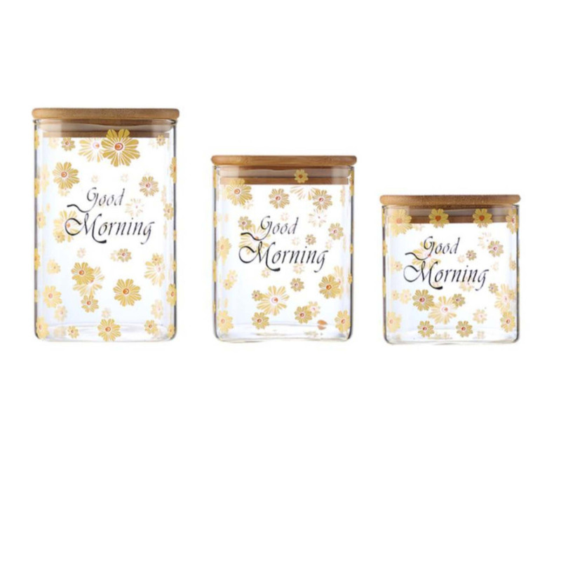 بانکه مدل شیشه ای گلدار طرح Good Morning مجموعه 3 عددی