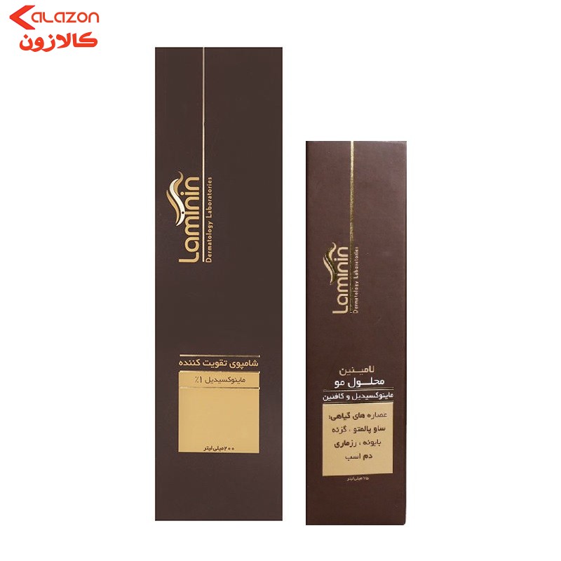 شامپو تقویت کننده مو لامینین مدل کافئین حجم 200 میلی‌لیتر به همراه محلول مو مدل ماینوکسیدیل و کافئین حجم 75 میلی لیتر