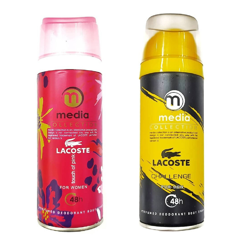 اسپری خوشبو کننده بدن زنانه مدیا مدل Lacoste Touch Of Pink حجم 200 میلی لیتر به همراه اسپری خوشبو کننده بدن مردانه مدل Lacoste Challenge